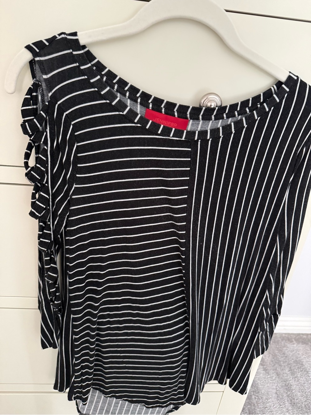 Jenni Black & White Striped Long Sleeve Top with Shoulder Ruffle